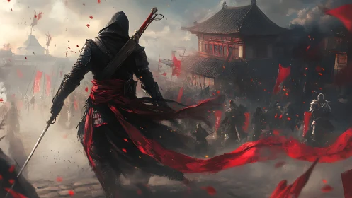 Hooded warrior strides through crimson banners and rising warfog.