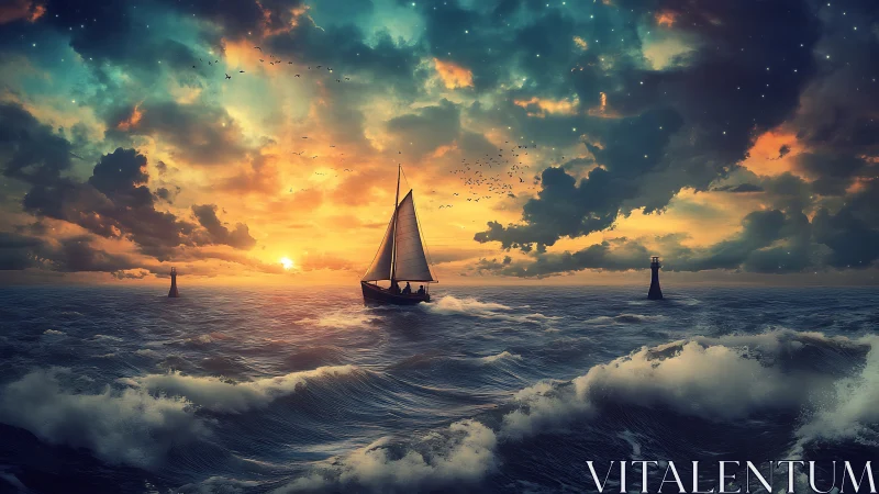 Sailboat crossing glowing waves under vivid sunset sky.