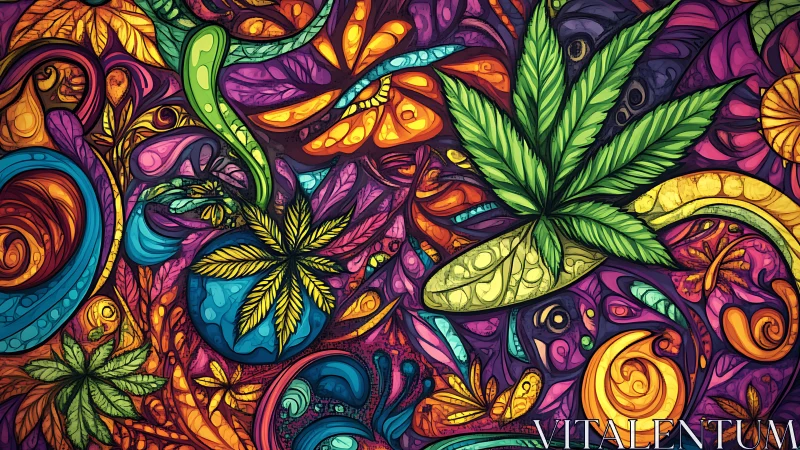 Psychedelic cannabis leaves in dense abstract swirl art.