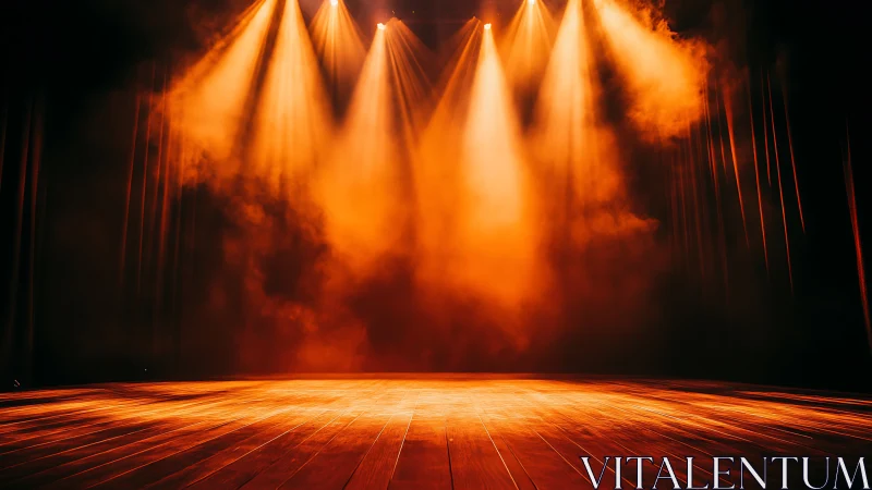 Empty wooden stage glows under dramatic orange spotlights
