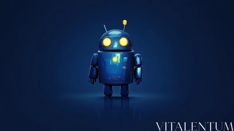 Glossy blue robot mascot glows softly on a dark stage