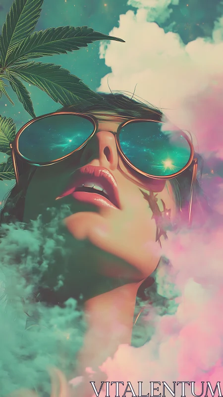 Woman with sunglasses, cannabis leaf, and colored vapor.