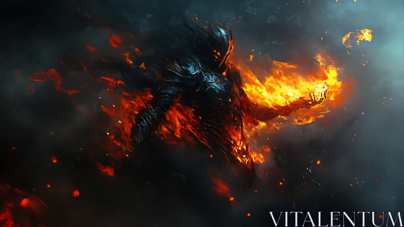 Flaming armored humanoid stands in swirling dark smoke