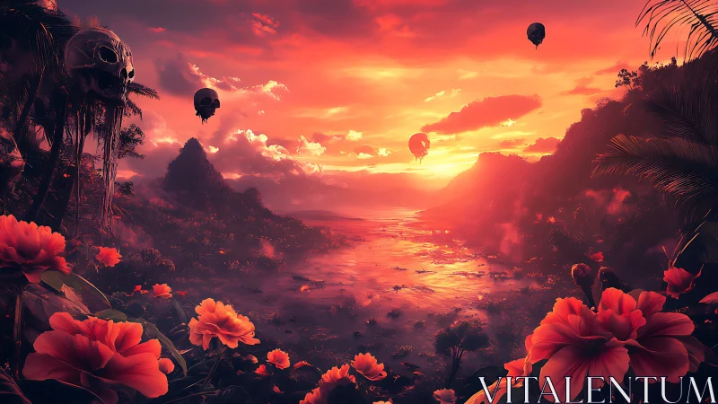 Sunset skull balloons drifting above a crimson jungle bay.