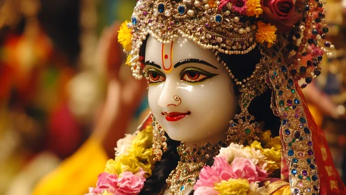 Devotional deity statue glows amid vivid floral adornments