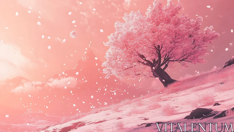 Solitary cherry blossom tree on windswept pastel hillside at dusk