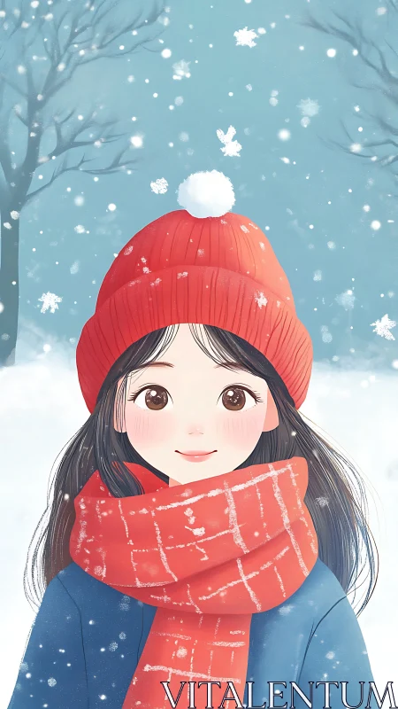 Winter portrait of girl with red knit hat, scarf and light snowflakes