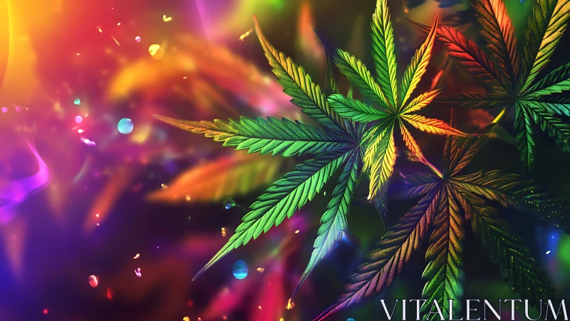 Cannabis leaves rendered in multicolored digital lighting