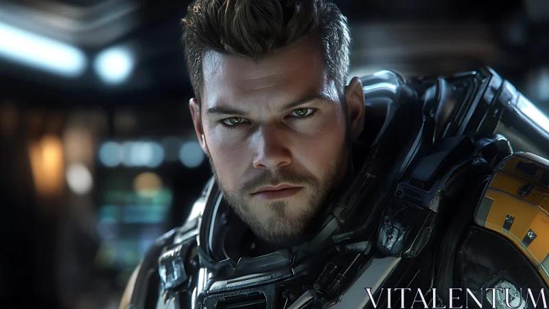 Stoic starship guardian locked in chrome-lit resolve.