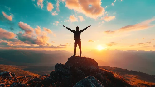 Silhouette celebrates sunrise from a mountain summit in freedom
