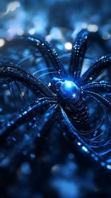 Luminous cybernetic spider core in deep blue haze.