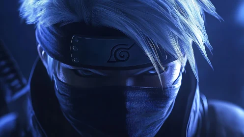 Masked silver-haired ninja stares through intense blue light.