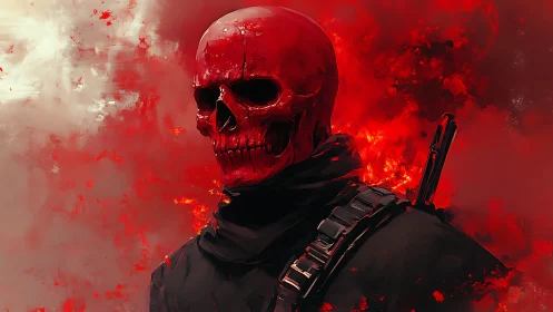 Red skeletal figure in tactical gear amid abstract flames.