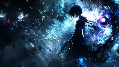 Shadow mage commands swirling cosmic energy storm