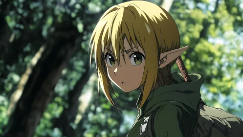 Elf warrior in forest with focused, alert expression.