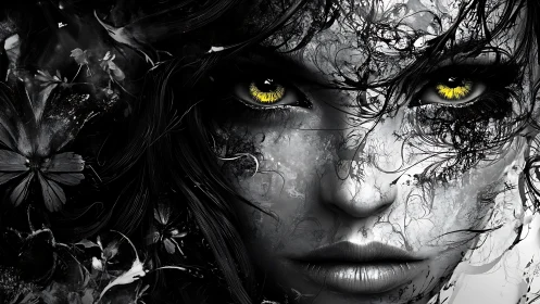 Mystic woman&rsquo;s gaze burns through swirling monochrome chaos