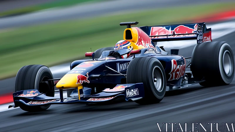 Formula car in high-speed corner with clear sponsor livery.