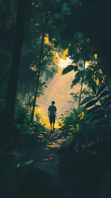 Silhouetted figure on forest path in dense foliage at dusk.