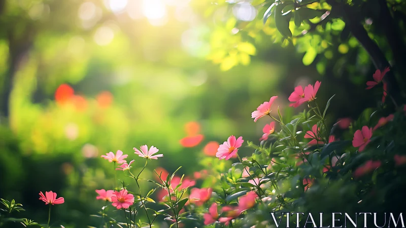 Sunlit Garden Bloom: Pink Cosmos Flowers Backlit by Soft Golden Hour Light.