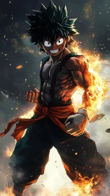 Anime fire-charged fighter in dynamic vertical composition.