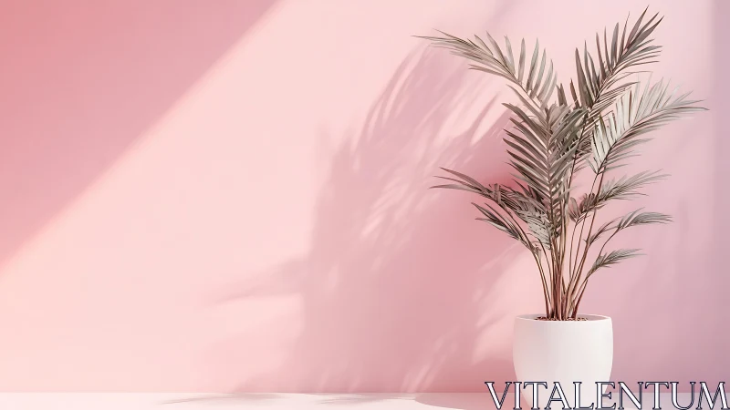 Potted palm under directional light casts soft shadows on wall