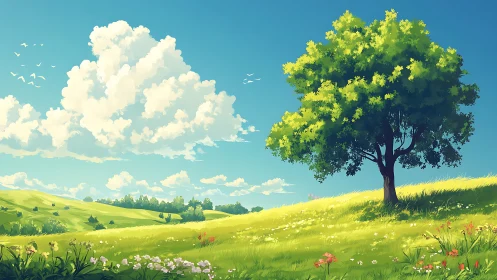 Sunlit hilltree dreaming under carefree cotton clouds.