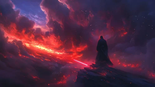 Dark warrior surveys a burning sky over a ruined world.