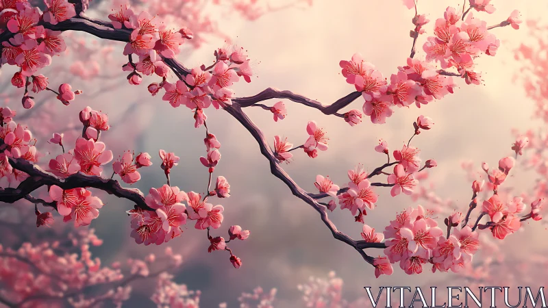 Pink Cherry Blossom Branches with High Depth of Field Bokeh Photography