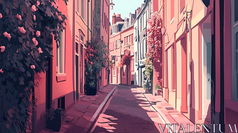 Sunlit pastel alleyway with flowering facades at noon.