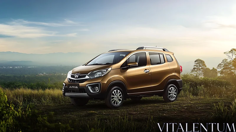 Metallic brown compact MPV with elevated ride height under soft daylight