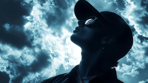 Silhouetted youth in cap studies glowing storm clouds overhead