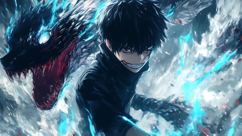 Dark summoner unleashes spectral dragon in storm fury.