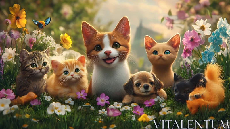 Kittens, Puppy, Squirrel in Flower Meadow Garden