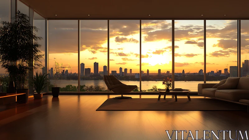 Photorealistic penthouse interior with panoramic sunset glazing.