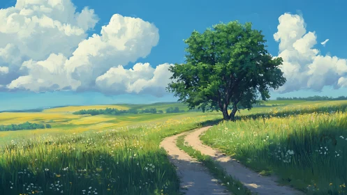 Rural dirt path curving through meadow toward lone tree.