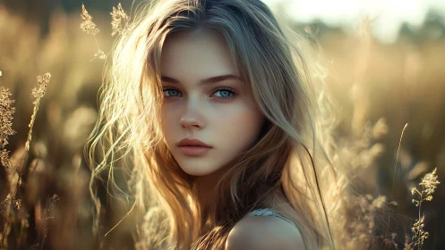 Digital portrait shows blonde girl in glowing sunset field