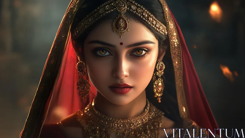 Regal Indian bride gazes forward under ornate golden veil