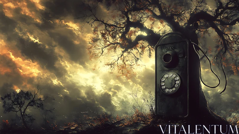 Surreal rotary phone monolith in stormlit haunted landscape.