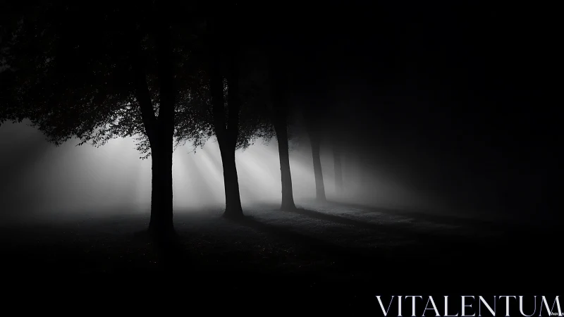 Tree silhouettes with directional light in dense night fog.