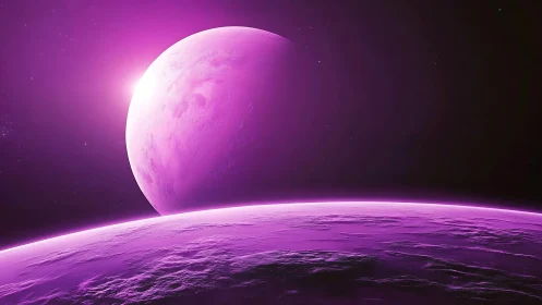 Violet exoplanet horizon with illuminated lunar terminator view.