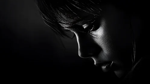 Dramatic black and white portrait of a sad woman in shadowed light.