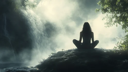 Backlit silhouette meditation at misty cascade viewpoint