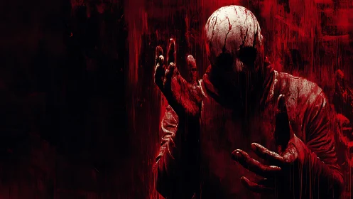 Blood-drenched masked figure emerging from abstract red void.