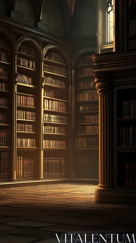 Sunlit shelves line a tall vaulted stone library wall