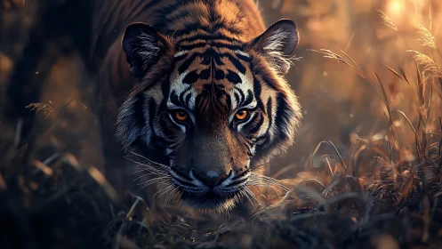 Stalking tiger moves through backlit grass at golden hour