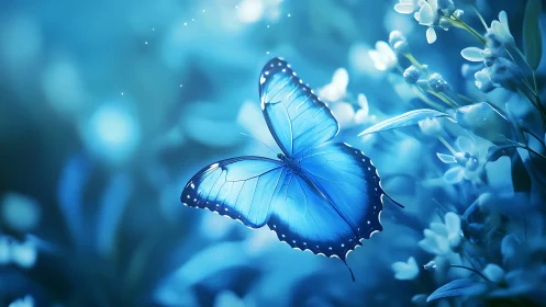 Luminous blue butterfly drifts through glowing floral haze.