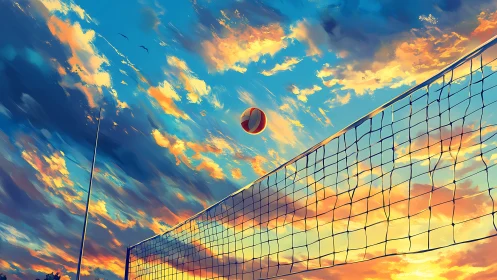 Volleyball suspended above net under vivid sunset sky.