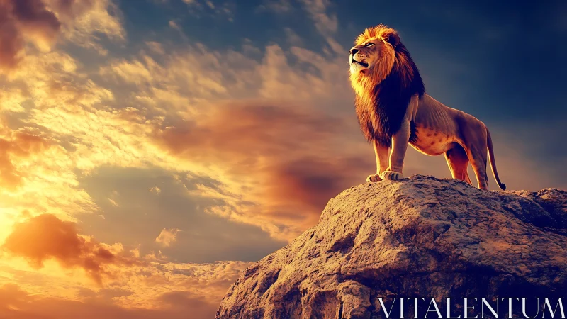 Golden hour lion standing proud on a sunlit rocky cliff.