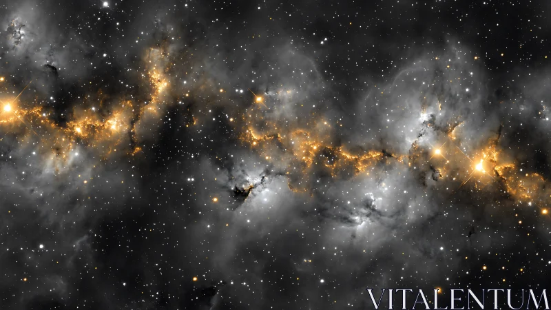 Stellar nebula band glows in golden light across space.