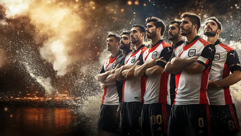 Soccer team stands united before explosive night backdrop